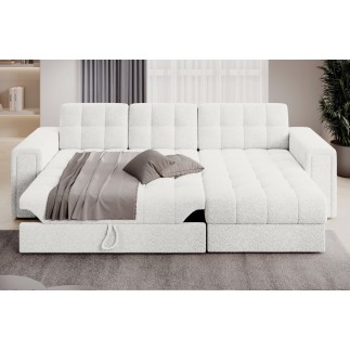 Canapé d'angle convertible, BLENDO en tissu bouclette Luxe ivoire, 4 places, angle droit (vu de face)