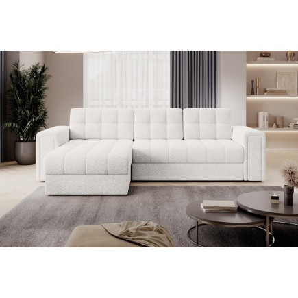 Canapé d'angle convertible, BLENDO en tissu bouclette Luxe - ivoire, 4 places, angle gauche (vu de face)