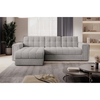 Canapé d'angle convertible, BLENDO en tissu bouclette Luxe - gris, 4 places, angle gauche (vu de face), Gris clair
