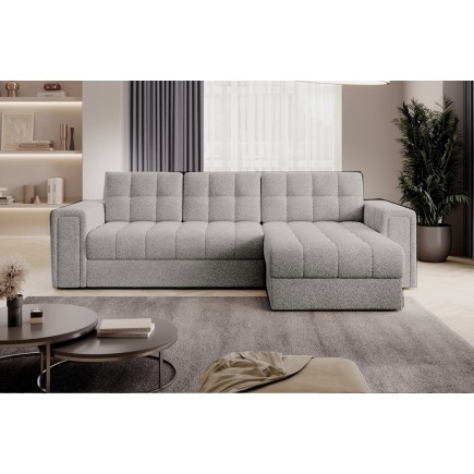 Canapé d'angle convertible, BLENDO en tissu bouclette Luxe gris clair, 4 places, angle droit (vu de face)