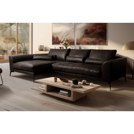 Canapé d'angle BERRY 100% TOUT cuir italien de prestige, noir, angle gauche, 5 places