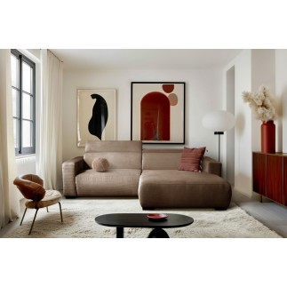 Canapé d'angle avec relax électrique en velours cotelé REVANO, marron, angle droit, 3 places