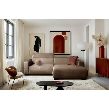 Canapé d'angle avec relax électrique en velours cotelé REVANO, marron, angle droit, 3 places