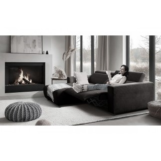 Canapé d'angle avec relax électrique , velours cotelé REVANO, noir, angle gauche, 3 places