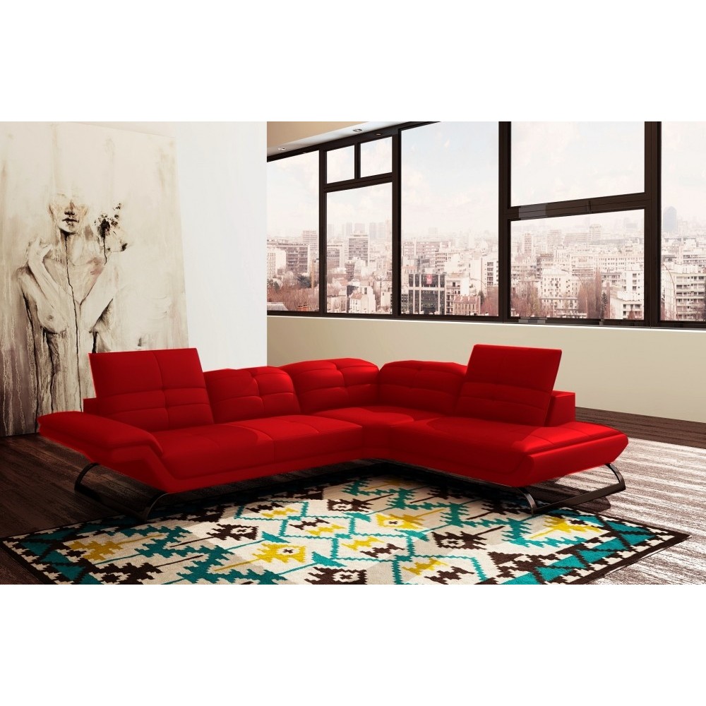 Canapé d'angle en cuir italien 5 places MODERNI, rouge, angle droit