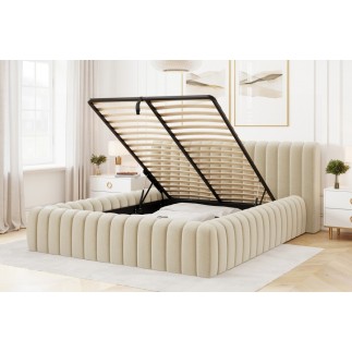 Lit double avec coffre CARINO VELOURS de qualité luxe capitonné, beige clair, 180x200
