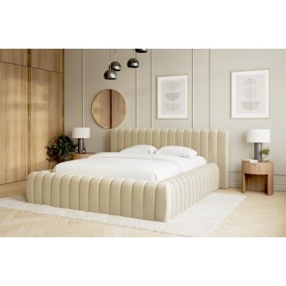 Lit double avec coffre CARINO VELOURS de qualité luxe capitonné, beige clair, 180x200