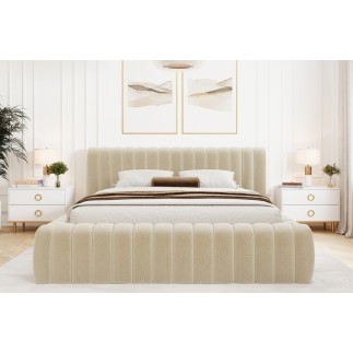 Lit double avec coffre CARINO VELOURS de qualité luxe capitonné, beige clair, 140x200