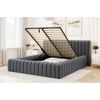 Lit double avec coffre CARINO VELOURS de qualité luxe capitonné, gris foncé, 140x200