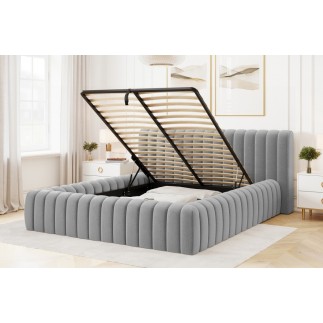 Lit double avec coffre CARINO VELOURS de qualité luxe capitonné, gris clair, 140x200