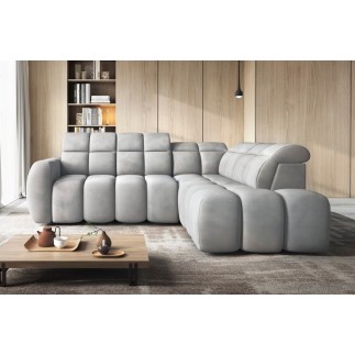 Canapé d'angle profondeur réglable FASANO velours Luxe gris clair, 5 places, angle droit (vu de face)