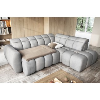 Canapé d'angle profondeur réglable FASANO velours Luxe gris clair, 5 places, angle droit (vu de face)