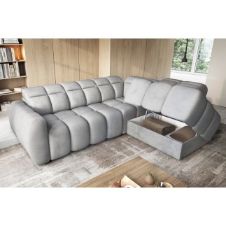 Canapé d'angle profondeur réglable FASANO velours Luxe gris clair, 5 places, angle droit (vu de face)