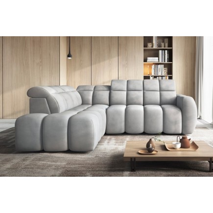 Canapé d'angle profondeur réglable FASANO velours Luxe gris clair 5 places, angle gauche (vu de face)