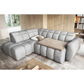 Canapé d'angle profondeur réglable FASANO velours Luxe gris clair 5 places, angle gauche (vu de face)