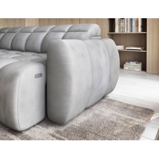 Canapé d'angle profondeur réglable FASANO velours Luxe gris clair 5 places, angle gauche (vu de face)