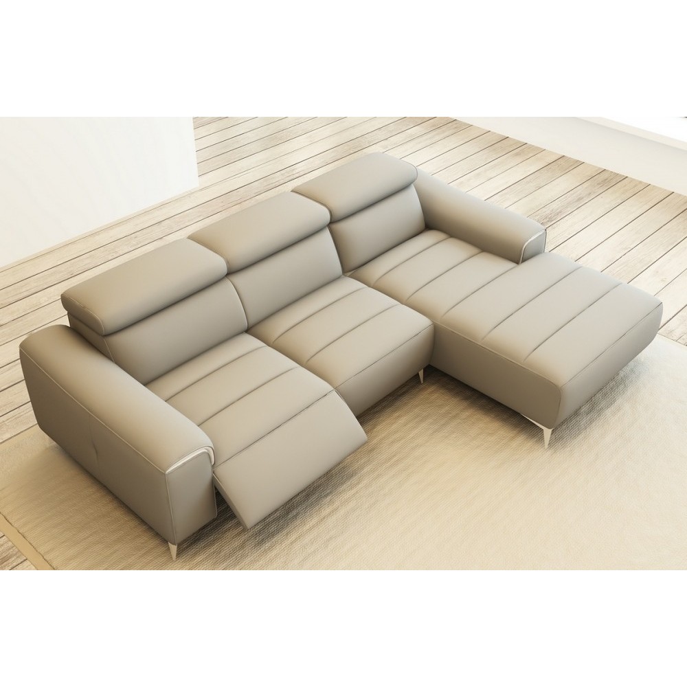 Canapé d'angle fonction relax en cuir italien 5 places SERENITY, gris clair, angle droit