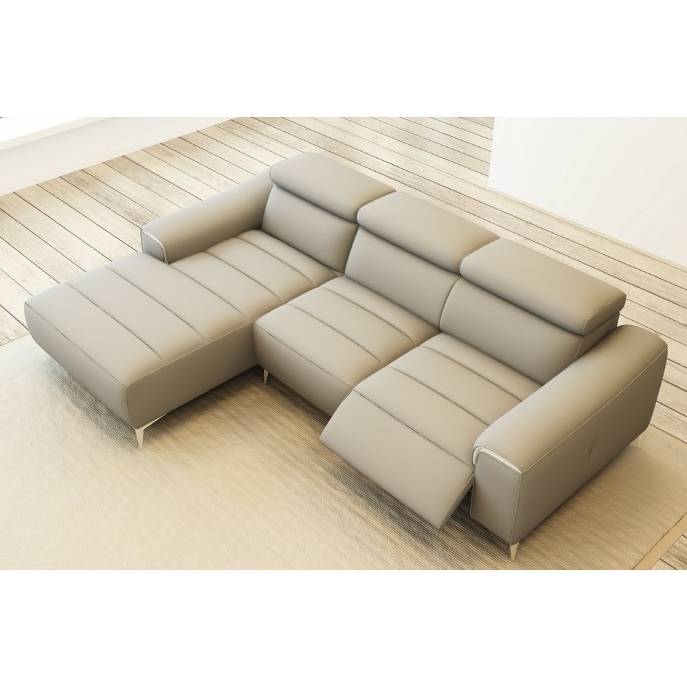 Canapé d'angle fonction relax en cuir italien 5 places SERENITY, gris clair, angle gauche