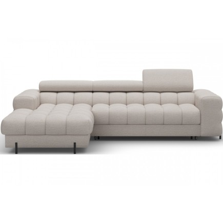 Canapé d'angle convertible FELIX en tissu bouclette beige, 5 places, angle gauche (vu de face)