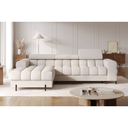 Canapé d'angle convertible FELIX en tissu bouclette beige, 5 places, angle gauche (vu de face)