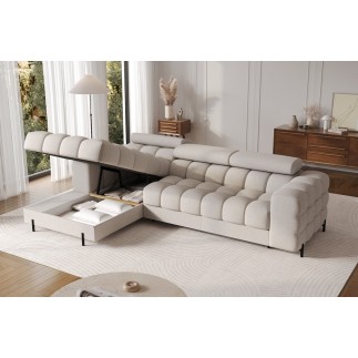 Canapé d'angle convertible FELIX en tissu bouclette beige, 5 places, angle gauche (vu de face)