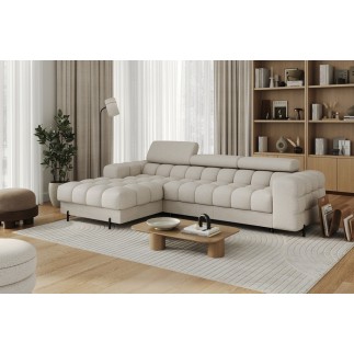 Canapé d'angle convertible FELIX en tissu bouclette beige, 5 places, angle gauche (vu de face)