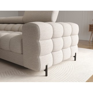 Canapé d'angle convertible FELIX en tissu bouclette beige, 5 places, angle gauche (vu de face)