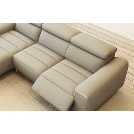 Canapé d'angle fonction relax en cuir italien 5 places SERENITY, gris clair, angle gauche