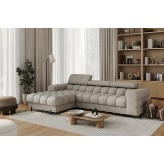 Canapé d'angle convertible FELIX en tissu bouclette taupe, 5 places, angle gauche (vu de face)