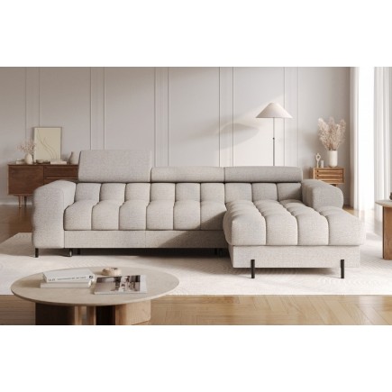 Canapé d'angle convertible FELIX tissu bouclette taupe, 5 places, angle droit (vu de face)