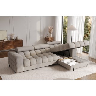 Canapé d'angle convertible FELIX tissu bouclette taupe, 5 places, angle droit (vu de face)