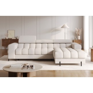 Canapé d'angle convertible FELIX tissu bouclette beige, 5 places, angle droit (vu de face)