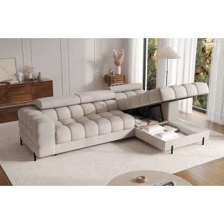Canapé d'angle convertible FELIX tissu bouclette beige, 5 places, angle droit (vu de face)