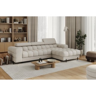 Canapé d'angle convertible FELIX tissu bouclette beige, 5 places, angle droit (vu de face)