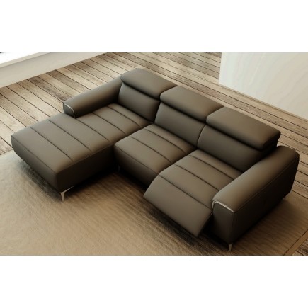 Canapé d'angle fonction relax en cuir italien 5 places SERENITY, gris foncé