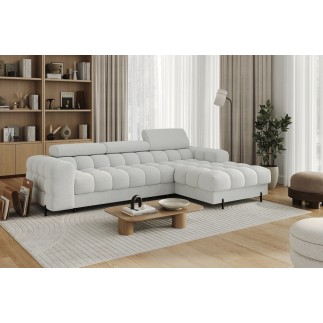 Canapé d'angle convertible FELIX tissu bouclette ivoire, 5 places, angle droit (vu de face)