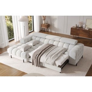 Canapé d'angle convertible FELIX en tissu bouclette ivoire, 5 places, angle gauche (vu de face)