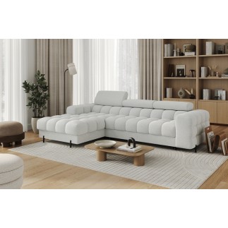 Canapé d'angle convertible FELIX en tissu bouclette ivoire, 5 places, angle gauche (vu de face)