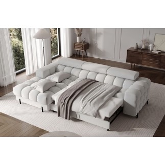 Canapé d'angle convertible FELIX en tissu bouclette gris clair, 5 places, angle gauche (vu de face)