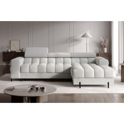 Canapé d'angle convertible FELIX tissu bouclette gris clair, 5 places, angle droit (vu de face)