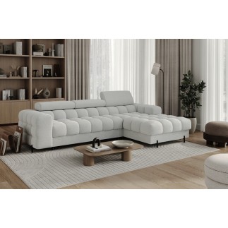 Canapé d'angle convertible FELIX tissu bouclette gris clair, 5 places, angle droit (vu de face)