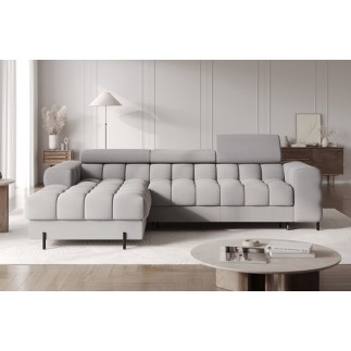 Canapé d'angle convertible FELIX VELOURS en velours gris 5 places, angle gauche (vu de face)