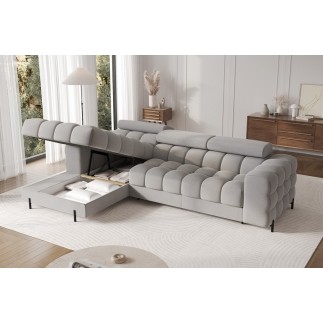 Canapé d'angle convertible FELIX VELOURS en velours gris 5 places, angle gauche (vu de face)