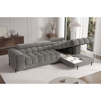 Canapé d'angle convertible FELIX VELOURS en velours gris foncé, 5 places, angle droit (vu de face)