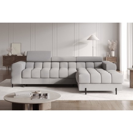 Canapé d'angle convertible FELIX VELOURS en velours gris, 5 places, angle droit (vu de face)