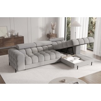 Canapé d'angle convertible FELIX VELOURS en velours gris, 5 places, angle droit (vu de face)