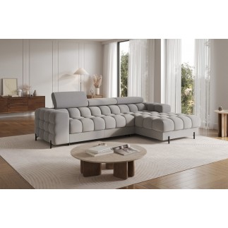 Canapé d'angle convertible FELIX VELOURS en velours gris, 5 places, angle droit (vu de face)