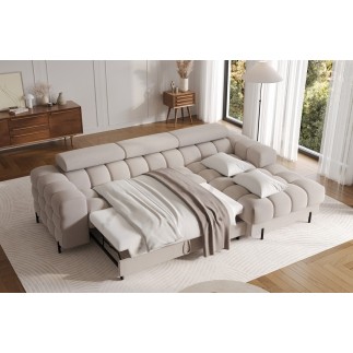 Canapé d'angle convertible FELIX VELOURS en velours beige, 5 places, angle droit (vu de face)