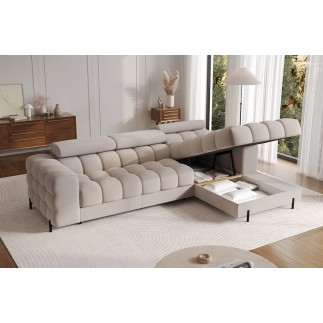 Canapé d'angle convertible FELIX VELOURS en velours beige, 5 places, angle droit (vu de face)