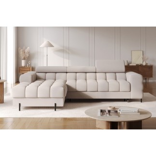 Canapé d'angle convertible FELIX VELOURS en velours beige 5 places, angle gauche (vu de face)